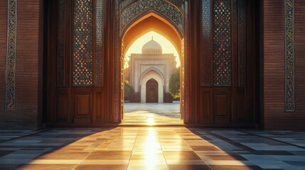 Obraz premium Enchanting Morning Light Through Grand Archway in Historic Architecture
