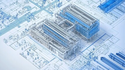 isometric blueprint diagram showcasing the detailed pipe layout and mechanical system design of a multi floor commercial building or facility