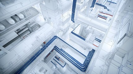 isometric blueprint diagram showcasing the detailed pipe layout and integrated infrastructure of a multi story commercial office building  The intricate design includes the complex system of plumbing