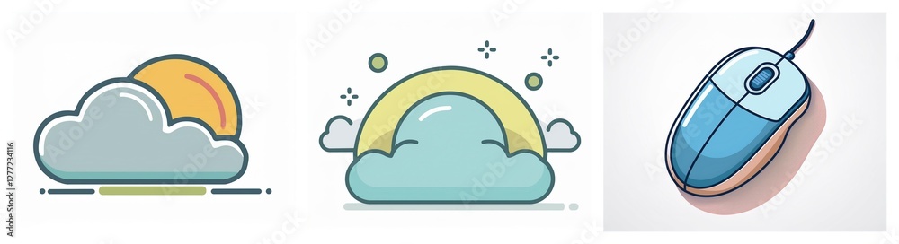 Poster three vector icons depict a sunny cloud, a happy cloud with a rainbow and sparkles, and a blue compu