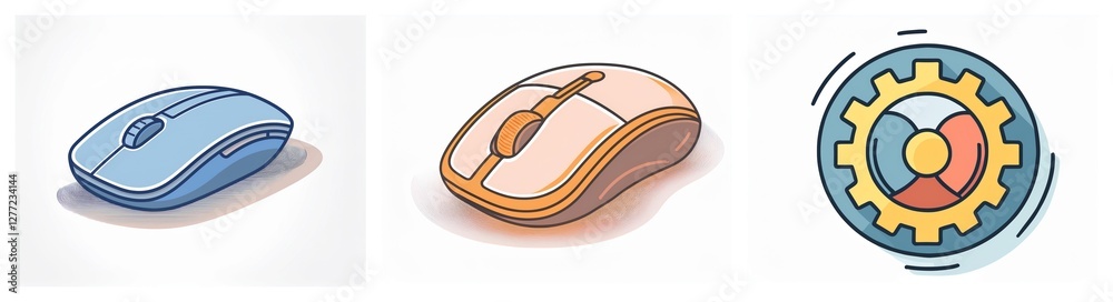 Poster two computer mice, one light blue and one light orange, are displayed alongside a circular gear icon