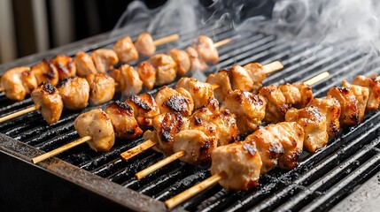 Juicy and flavorful grilled chicken skewers sizzling on the grill with a tantalizing smoky char and aroma rising from the flames  This appetizing dish is perfect for a backyard barbecue summer picnic