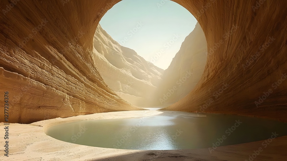 Poster massive subterranean water drainage tunnel with a circular archway that opens up to reveal a serene 