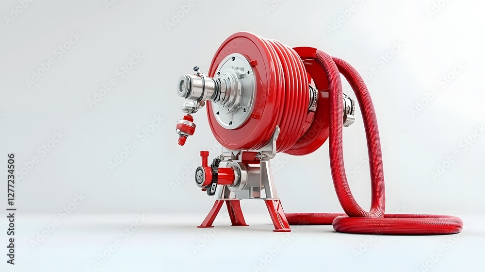 Poster Minimalist 3D Render of a Red Fire Hose and Nozzle Equipment on a Clean White Background  This Image Depicts a Firefighting Tool for Emergency and Industrial Safety Services
