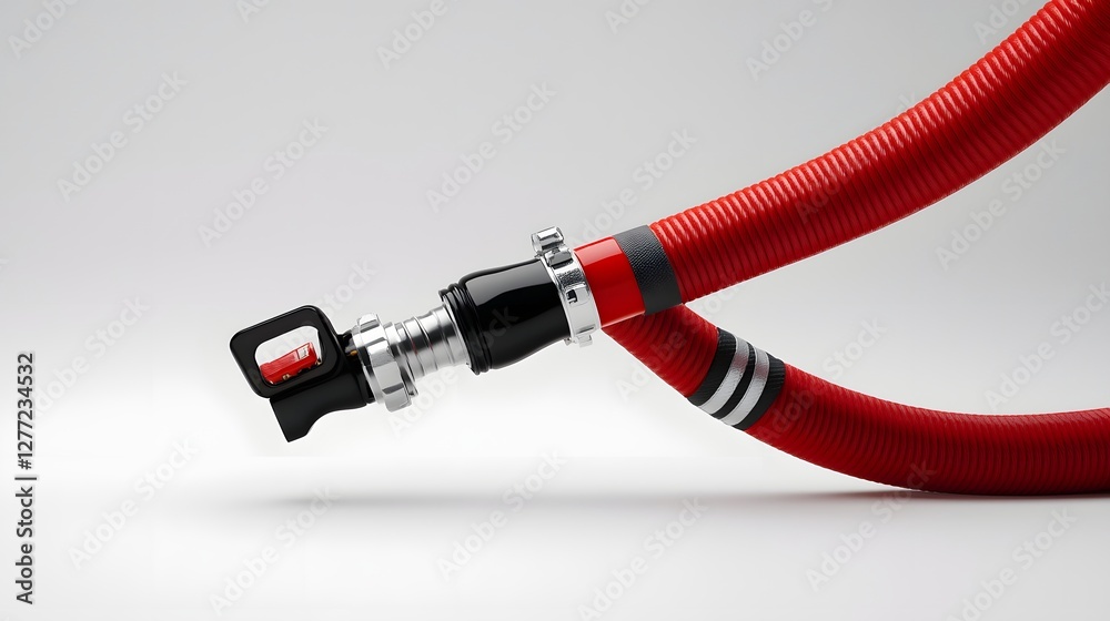 Poster minimalist 3d rendered image of a fire hose nozzle in red and black colors against a clean white bac