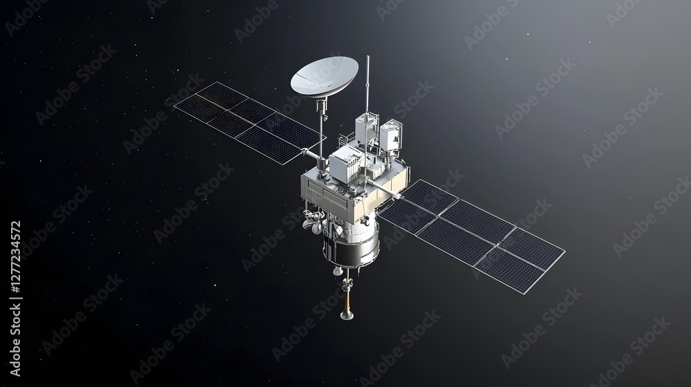 Fototapete Minimalist 3D rendering of a satellite spacecraft transmitting digital data and signals from outer space to Earth below