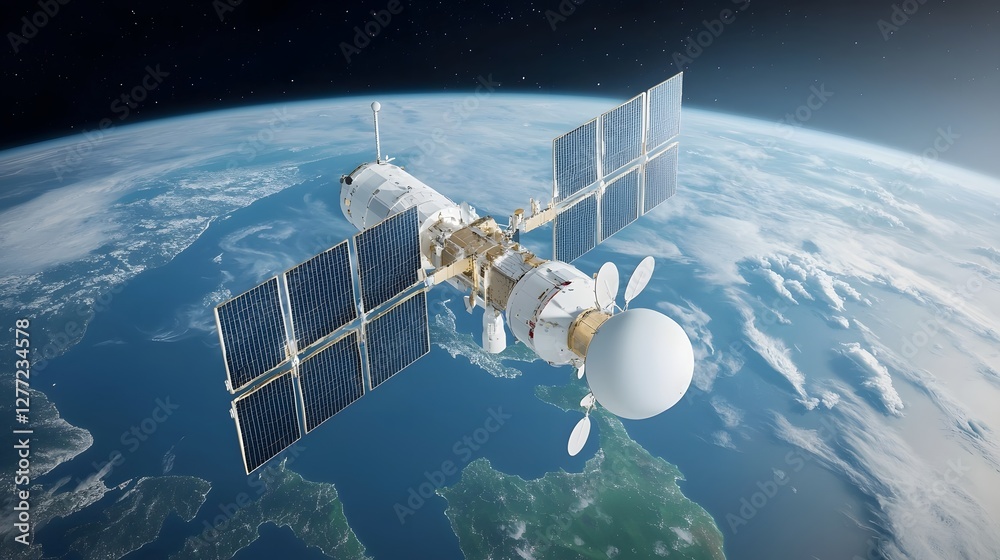 Leinwandbilder minimalist 3d rendering of a satellite orbiting the earth transmitting data and signals from the vas