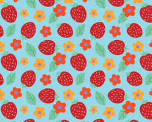 Seamless Pattern with Strawberries. Vector background with strawberries and flowers. Bright print for printing on fabric, paper and wallpaper. Trendy summer pattern.