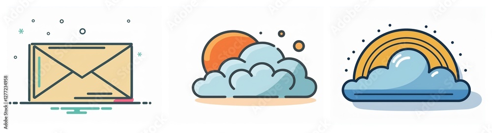 Poster three simple icons depict communication and weather: a sealed envelope, a sun behind a cloud, and a 