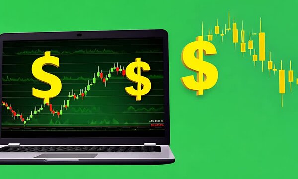 Laptop with fluctuating stock chart and dollar symbols on a green background
