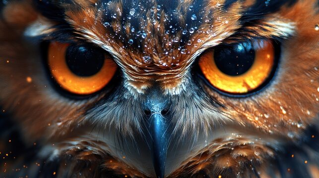 Close-up owl eyes, water droplets, dramatic lighting.  Possible use Nature wallpaper, wildlife print