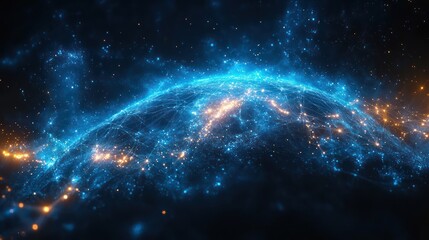 Obraz premium A glowing blue globe with minimal network lines and smooth light trails flowing around it, symbolizing global data exchange.