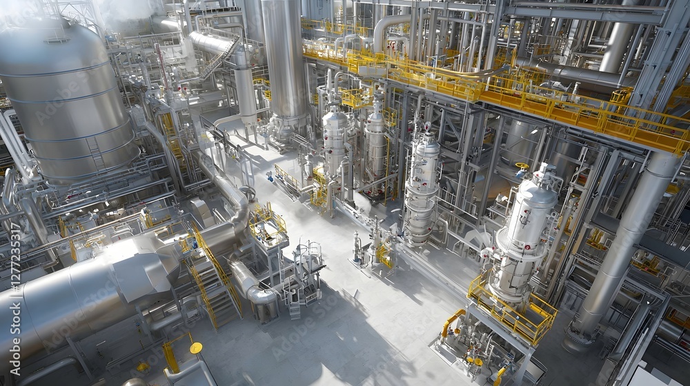 Poster overhead view of a complex industrial chemical processing plant s intricate pipe network showcasing 