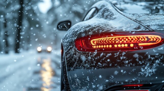 Snowy car, winter road, blurred lights, snowy scene, safe travel