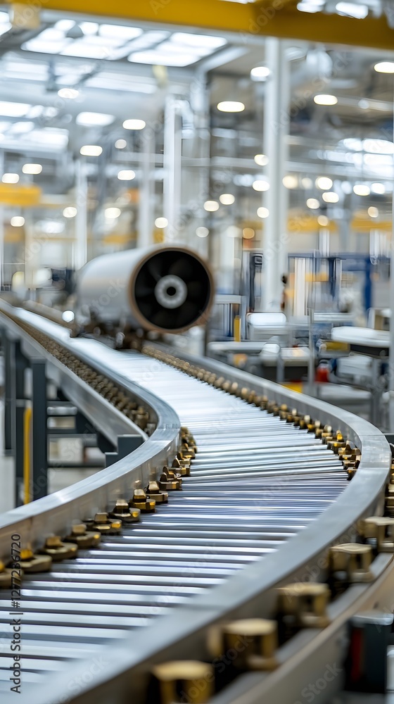 Aufkleber photo showcasing an automated factory conveyor belt system transporting large intricate cooling syst