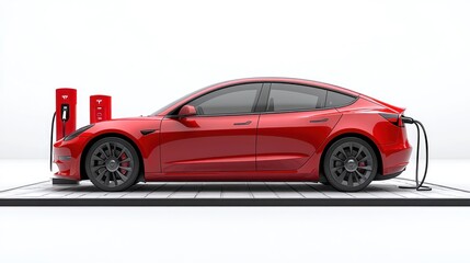 Fototapeta premium Red electric car charging at a station, studio shot
