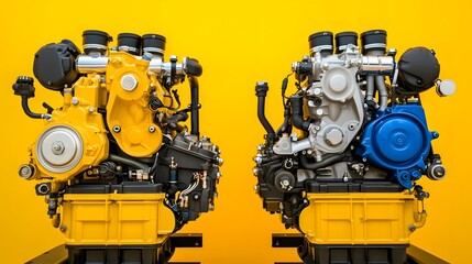 photo showcasing the comparison between air cooled and liquid cooled engine systems in an industrial workshop setting  Highlighting the mechanical design components