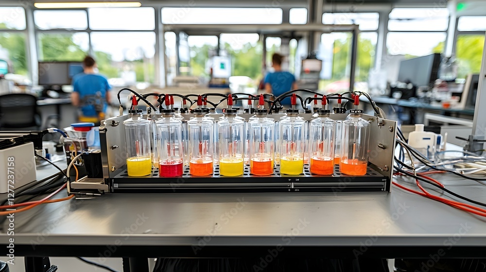 Poster photograph showcasing control testing procedures for fire extinguishing agents prior to packaging