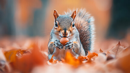 Obraz premium Autumn squirrel holding an acorn amidst fall leaves close-up