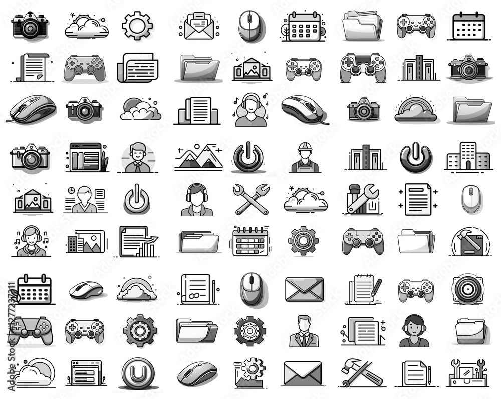 Poster a diverse set of black and white icons representing various concepts like technology, business, tool