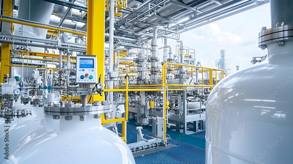 Poster photographic image showcasing the intricate network of pipes valves tanks and heat exchangers within