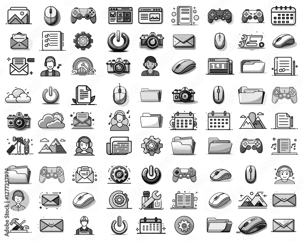 Poster a set of various grayscale icons. depicts computer, technology, and office symbols in line art with 