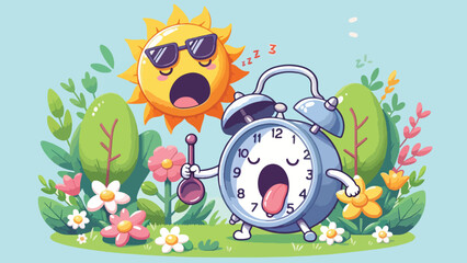 Sleepy Alarm Clock, A sleepy alarm clock character yawning as its hands is moved forward by a cheerful sun wearing sunglasses, with a springtime garden in the background 
