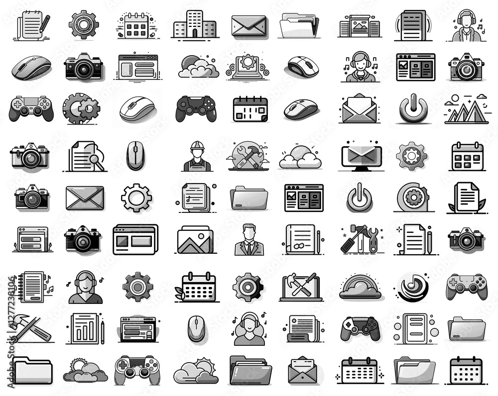 Aufkleber Various grayscale icons representing computer functions, office elements, and general symbols, suitable for user interface design and digital applications.