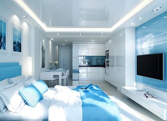 A bright, modern interior of a small studio apartment with a white and blue color scheme