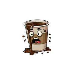 Cartoon Coffee Cup Character Spilling Drink with Scared Face Expression