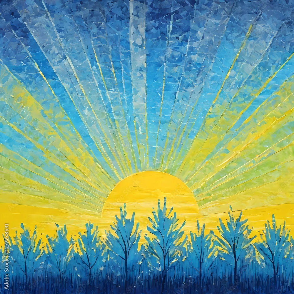 Poster A stunning sun rises in a brilliant yellow, casting rays across a blue sky. Tall trees silhouette against the backdrop, creating a peaceful and uplifting atmosphere during dawn. Generative AI