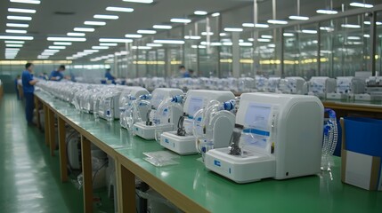 Rows of portable oxygen concentrators undergoing assurance testing and inspection before packaging and distribution in a state of the art medical device manufacturing facility
