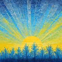 A stunning sun rises in a brilliant yellow, casting rays across a blue sky. Tall trees silhouette against the backdrop, creating a peaceful and uplifting atmosphere during dawn. Generative AI