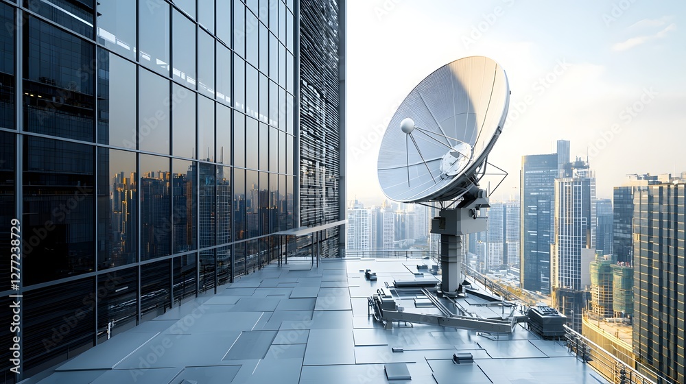 Aufkleber satellite dish installed on the rooftop of a towering skyscraper sending and receiving signals in th