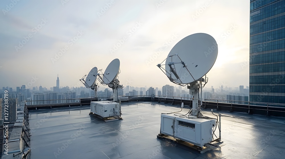 Poster satellite dishes mounted on the rooftop of a towering skyscraper sending and receiving various signa