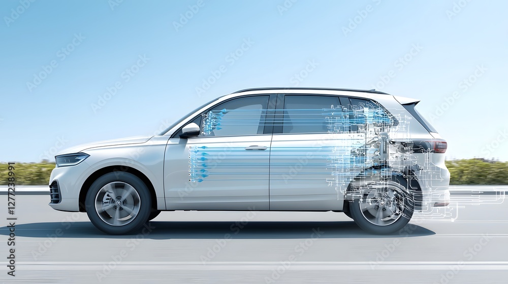 Poster side view of a vehicle s hybrid powertrain system with arrows indicating the flow of energy the imag