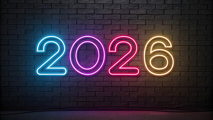 neon light sign "welcome 2026" on the black bricks wall  background
