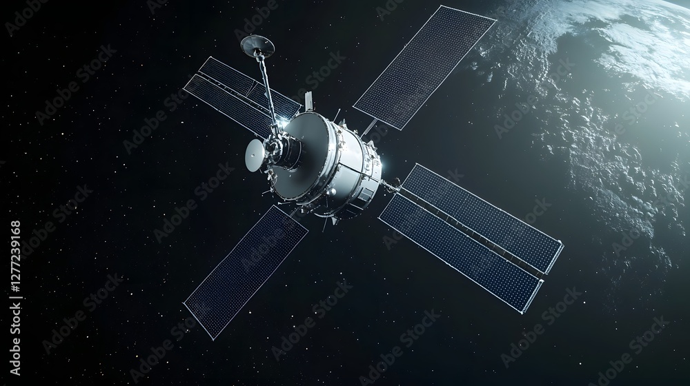Leinwandbilder sleek and minimalist 3d render of a satellite spacecraft transmitting digital data and signals to pl