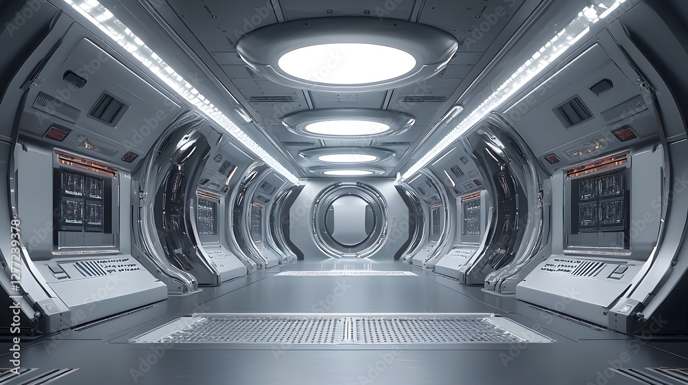 Aufkleber Sleek and Futuristic Cooling Technology for Processors Concept Art Featuring a Minimalist High Tech Interior Design with a Tunnel Like Corridor and Illuminated Metal Structures