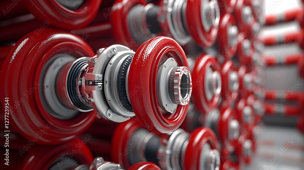 Poster Stacked industrial fire hoses neatly arranged in an organized array with visible connectors showcasing the equipment and utility for firefighting and emergency services  The image presents a textured