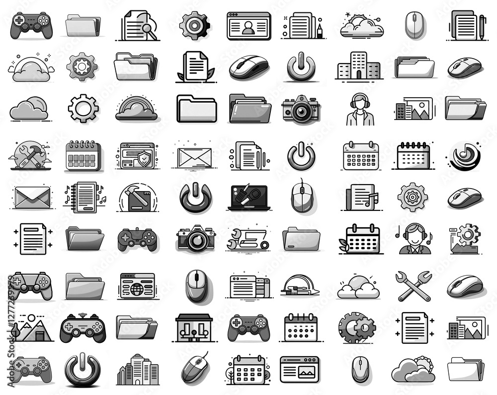 Poster various grey icons on white background, depicting computer functions, settings, files, folders, clou