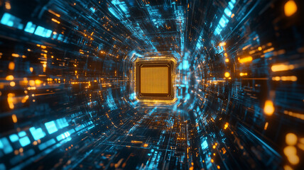 デジタル空間にホログラムとして浮かぶ量子コンピュータのチップ