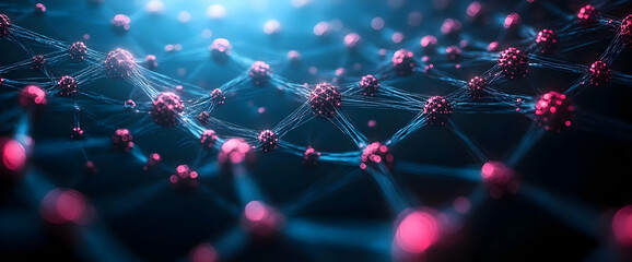 Futuristic Network Connection Structure with Glowing Red Spheres on Dark Blue Background