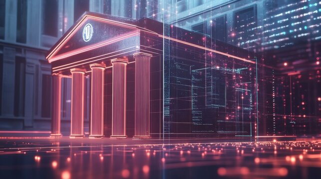 Futuristic bank building with digital overlay