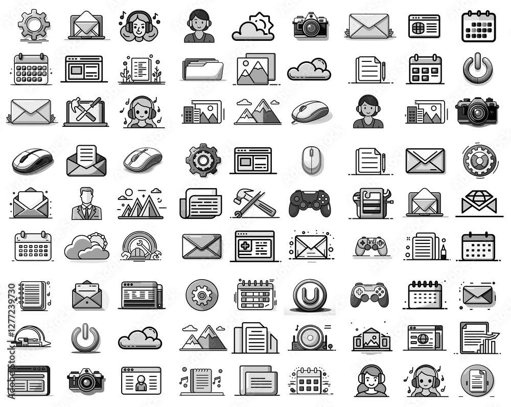 Aufkleber Collection of grayscale icons representing various digital interface elements. Includes symbols for settings, mail, calendar, media, user, tools, and cloud.