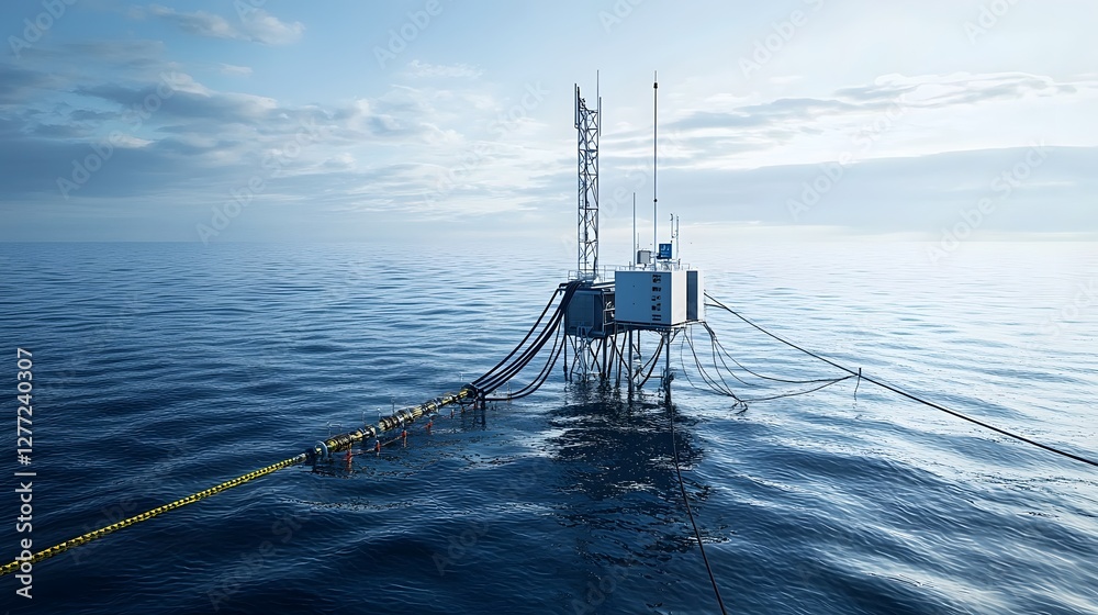 Poster underwater satellite uplink station with a network of communication cables submerged in the calm blu