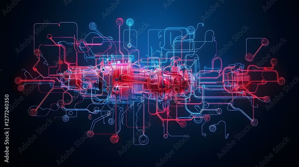 Poster Vibrant and dynamic digital data visualization representing the thermal efficiency zones of an engine  This abstract and futuristic image showcases the complex network of information energy flows