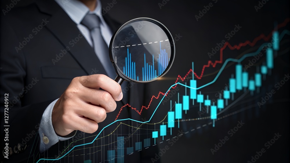 Poster investor analyzing a detailed chart of stock market price movements focusing on trends and patterns 