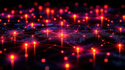 Fototapeta premium A sleek digital Earth with glowing network lines and bright nodes connecting global hubs, symbolizing worldwide information flow and connectivity.