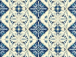 vintage-inspired hand-painted blue and ivory ornamental tile pattern with  floral and geometric motifs